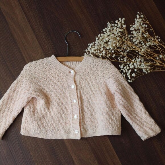 Vintage 1950s Baby Sweater, Pink Knit Cardigan - Picture 1 of 10